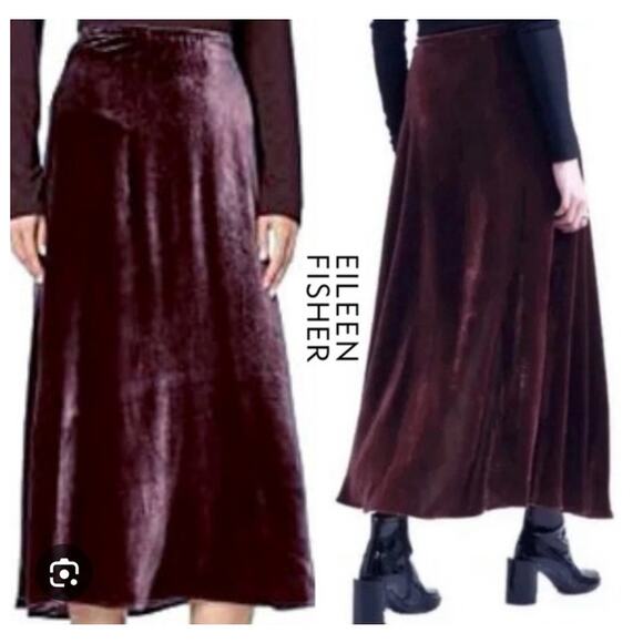Eileen Fisher Burgundy Velvet Midi Skirt Silk Blend L Luxe Evening Holiday Wear